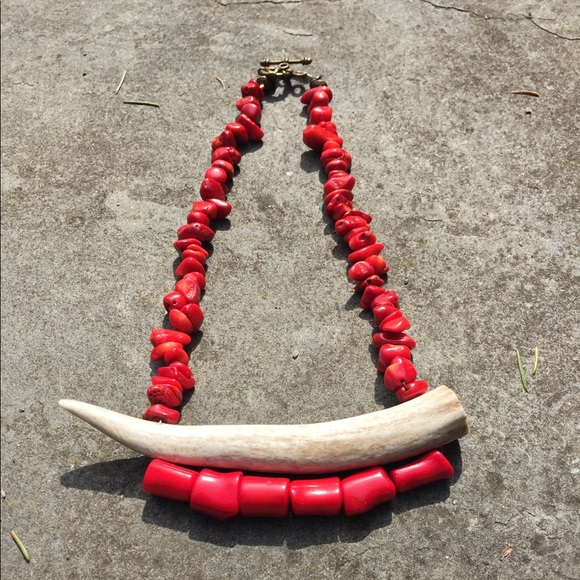 Red Coral Deer Antler Statement Necklace - Picture 10 of 14